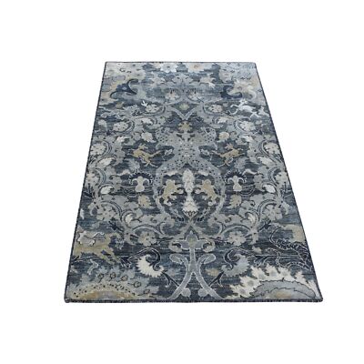 3'x5' Gray Hand Knotted Silk with Textured Wool Blossom Design Rug R87612