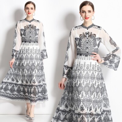 white christmas dresses Black Ethnic Motif Printed Chiffon Flared Maxi Dress with Buttons Juniper  Fashion