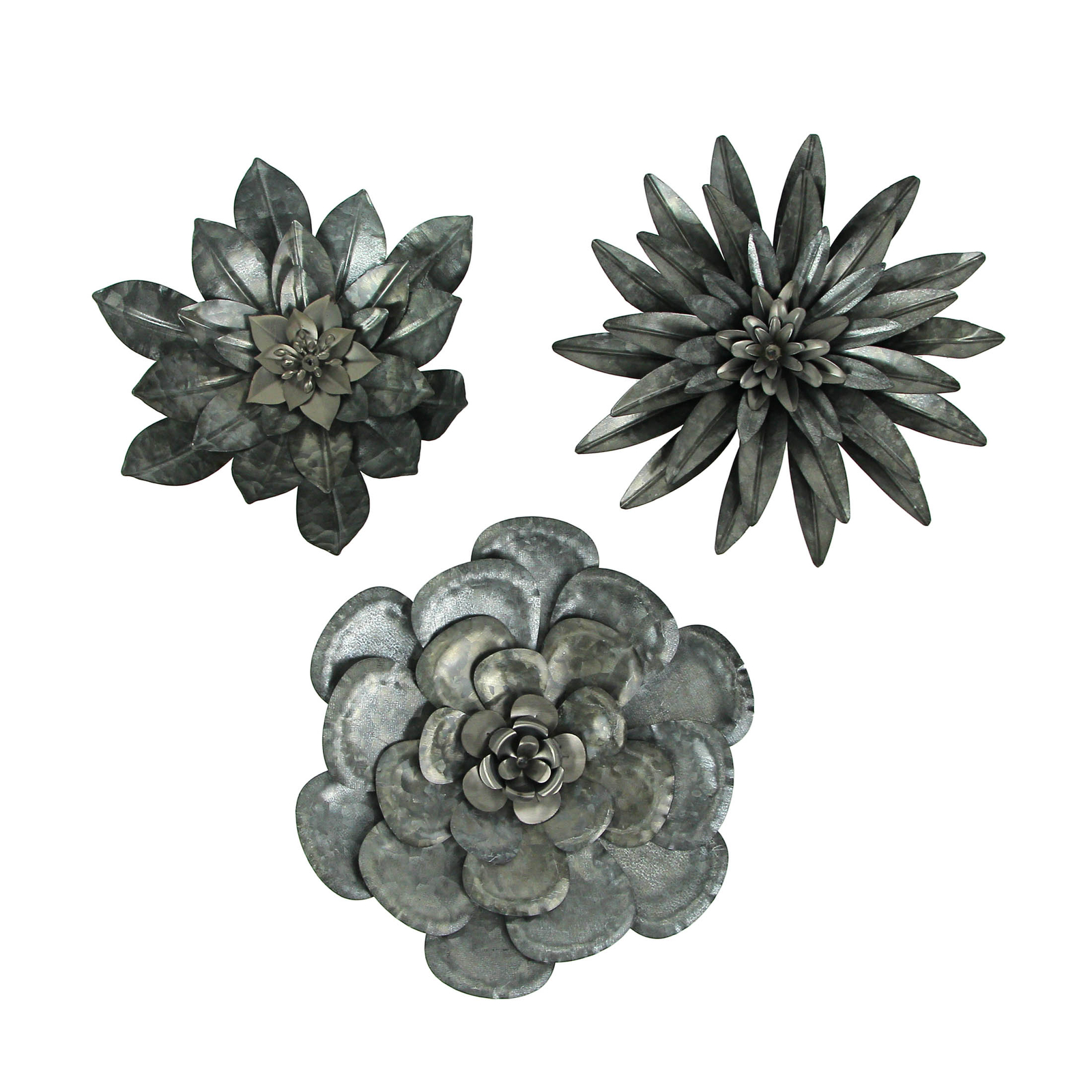 Set of 3 Galvanized Metal Flower Wall Sculptures Home Decor 10 Inches High