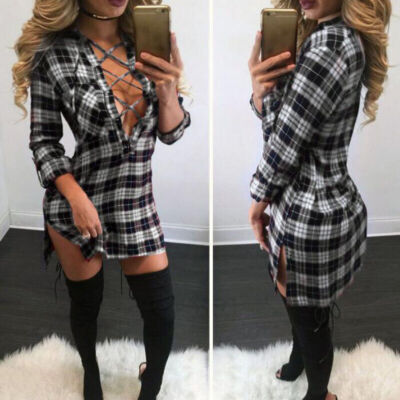 Women Sexy Plaid Print V-neck Lace Up Short Shirt Dress Lady Casual Blouse Tops | eBay Women Sexy Plaid Print V-neck Lace Up Short Shirt Dress Lady Casual Blouse Tops | eBay