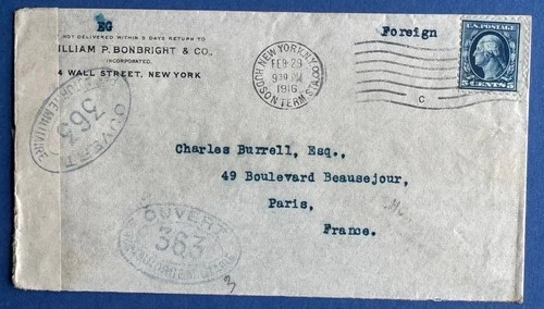 US ~ 1916  (WWI), CUT COMMERCIAL COVER (BONBRIGHT) NY TO FRANCE - CENSORED