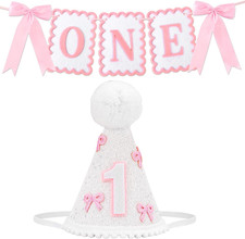 1St Birthday Hat and Bow Highchair Banner for Girls' One Year Old Birthday Party