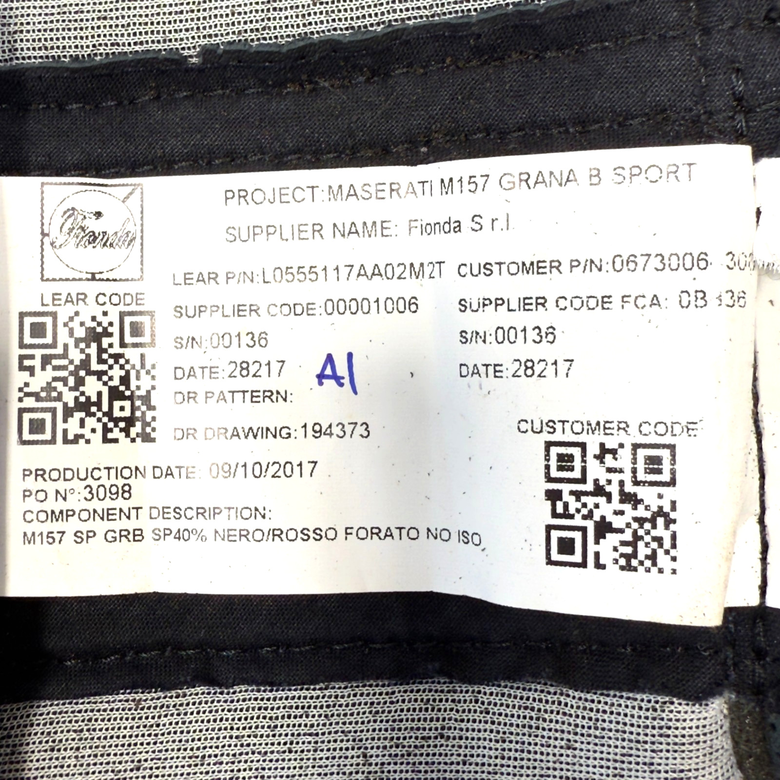 OEM 2014 - 2020 Maserati M157 Ghibli Rear Right Upper Seat Cushion Cover Black