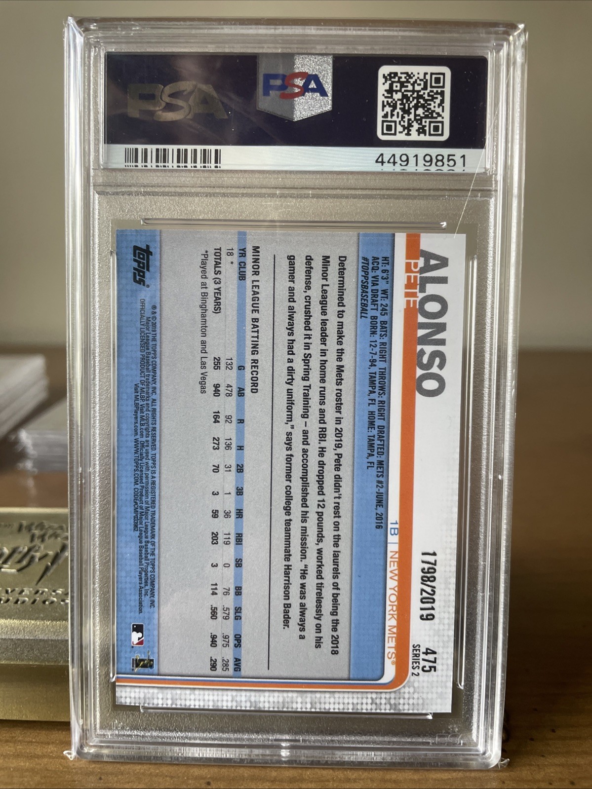Pete Alonso 2019 Topps Series 2 Gold Parallel /2019 Rookie #475 NY Mets PSA 9 view 5