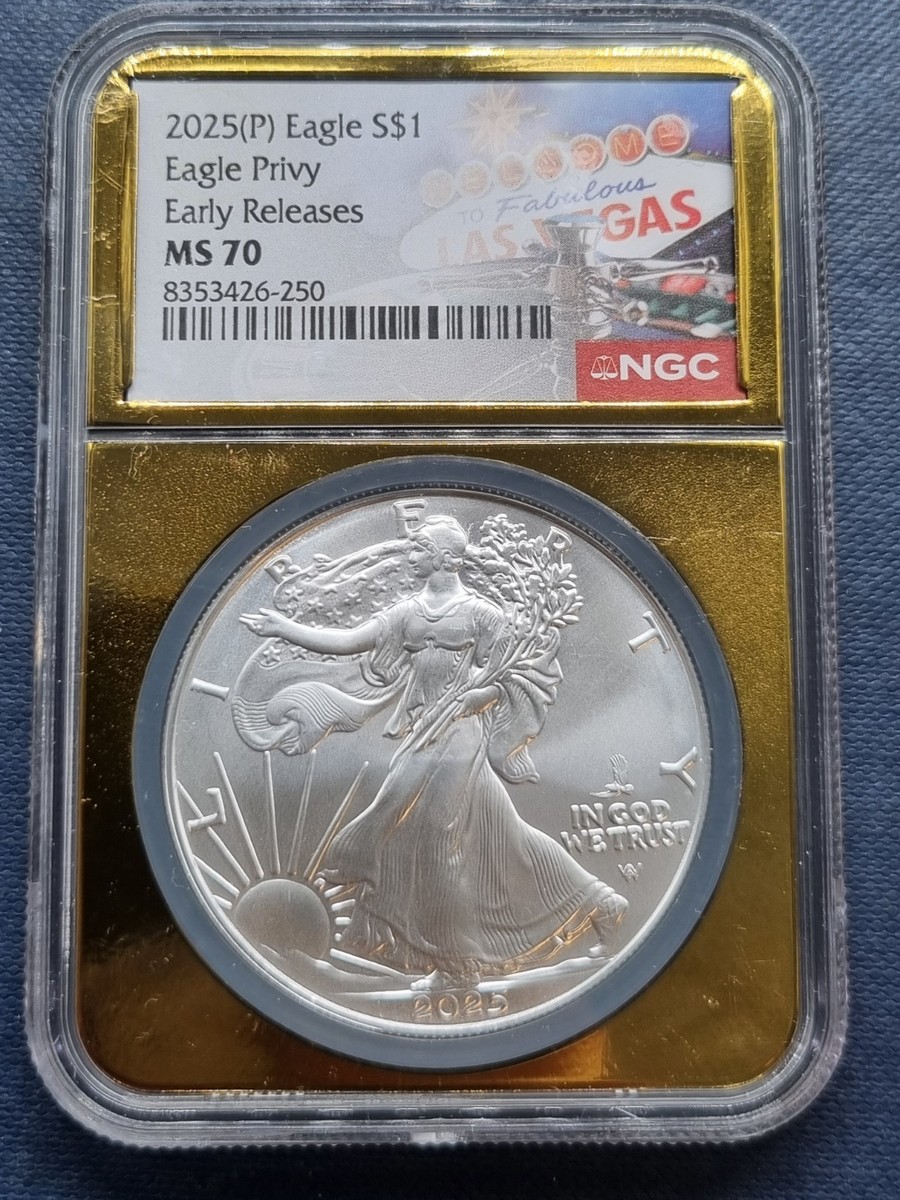 2025 P Silver Eagle w Privy NGC MS70 GOLDEN LAS VEGAS SLAB EARLY