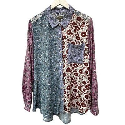STYLE & Co. Boho Tunic Blouse Womens Plus Size 2X Blue Floral Button Up Rayon To