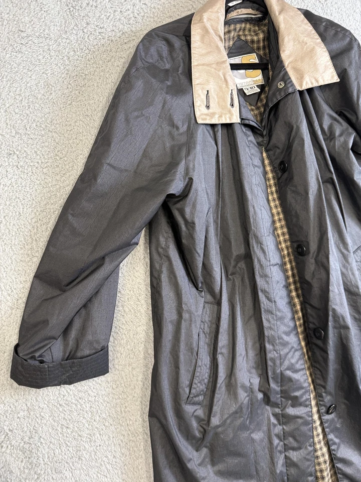 Vintage Current Seen Coat Mens Large Black Trench Plaid Lined Rain Overcoat 90s - Image 3 of 4