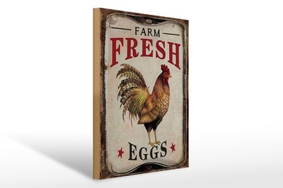 Holzschild Reklame 30x40 cm Farm Fresh Eggs Hahn Deko Schild