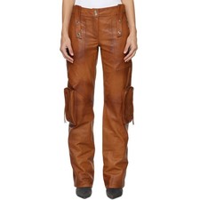 Men Real Lambskin Leather Cargo Pants Tan Brown Utility Bellows Pocket Casual