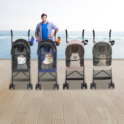 Foldable Pet Stroller Blue For Small Medium Dogs Cats Under 22 Lbs