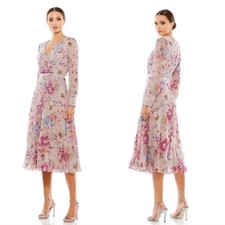 NWT, Mac Duggal Long Sleeve Embellished Floral Midi Dress in Mauve Sz8 MD0187