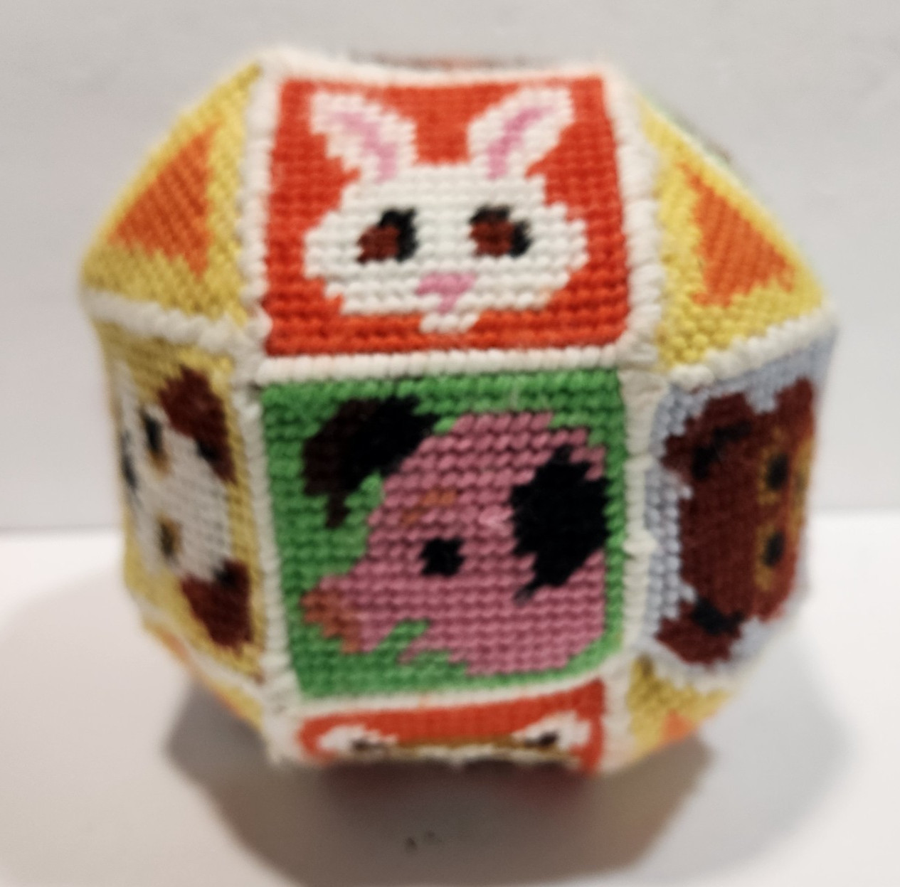 Plastic Needlepoint Canvas Yarn Animal Ball vtg  80's kit Toy Completed Odd Fun