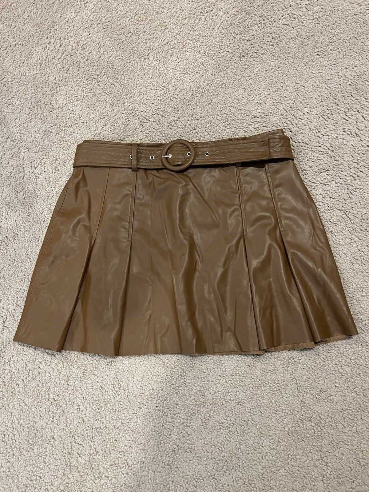 ZARA ChocoBrown Faux Leather Pleated Mini Skirt with Belt Size XL Brand New image 2
