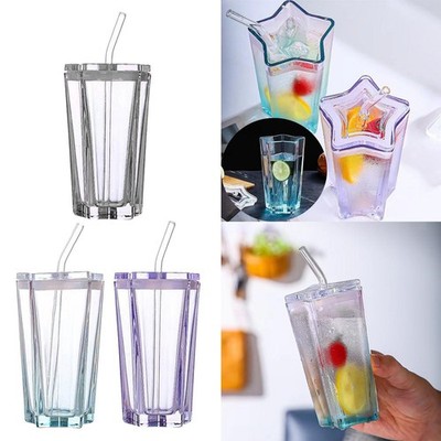 Fünfzackiger Stern Glas Tasse klar kreativ mit Strohhalm 300ml Teetasse Trinkbecher