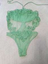 Victoria's Secret Lingerie M Teddy Bodysuit Strappy Cut Out Blue Lace Medium D3