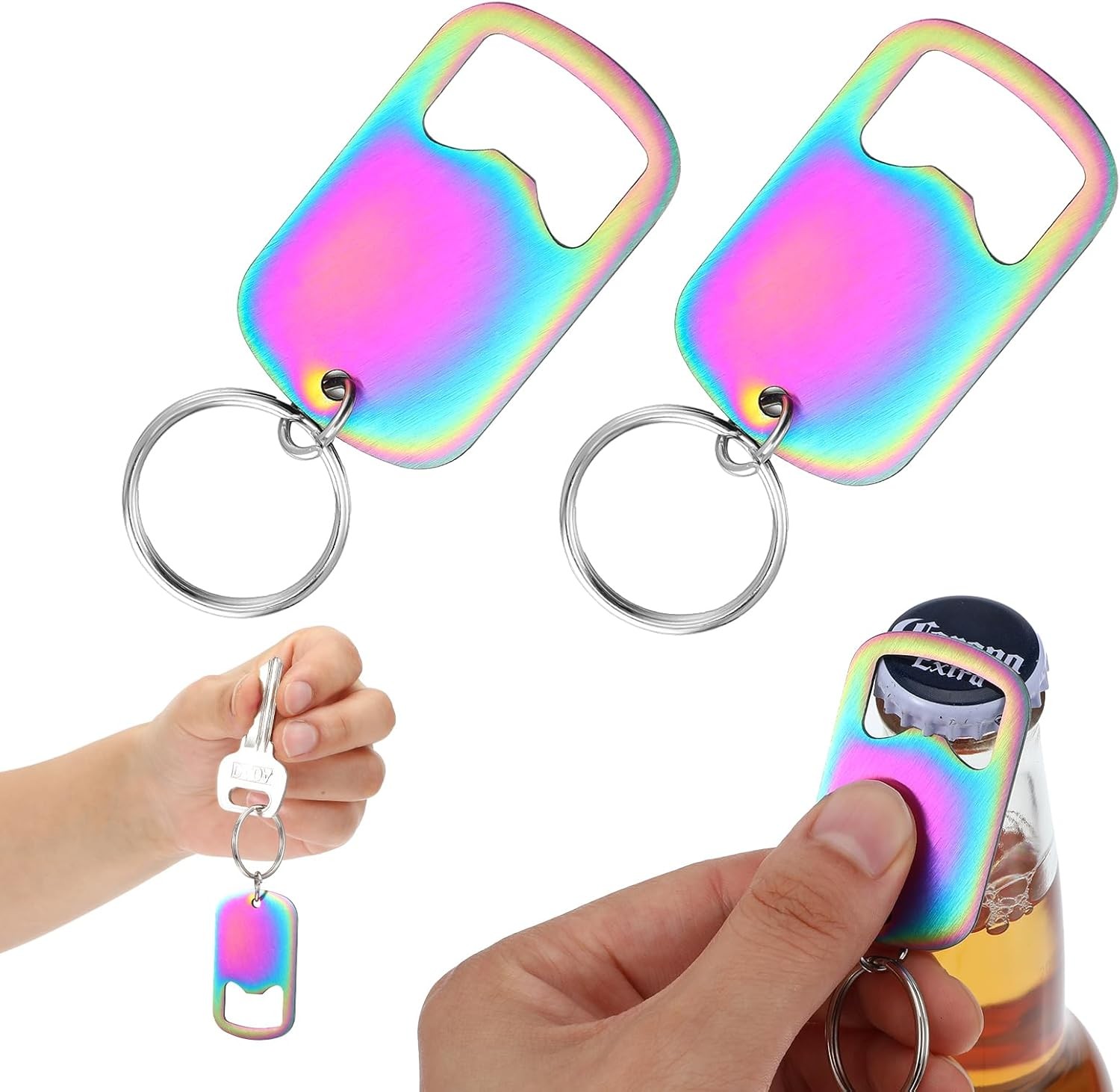 2PCS Bottle Opener Small Stainless Steel Bottle Opener Keychain Flat Beer Bottle