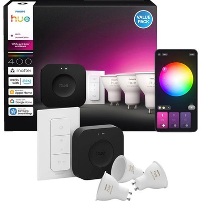 Philips Hue Bridge Pro + 3 GU10 smarte LED Spots + Dimmer Switch Starterset