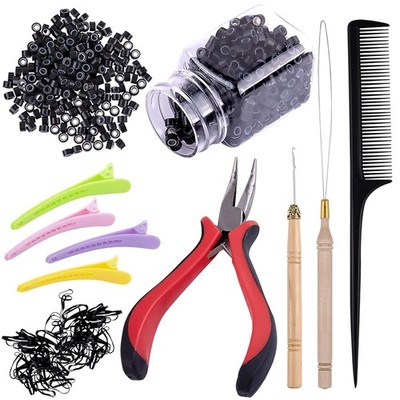 Hair Extension Kit w/ 500 Micro Beads, Tools, Clips, Comb & Rubber Bands