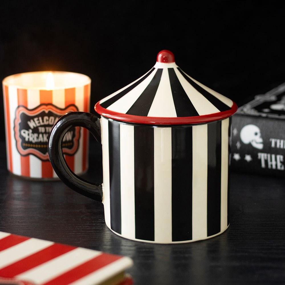 Striped Circus Tent Mug + Lid Ceramic Black and White Monochrome 370ml