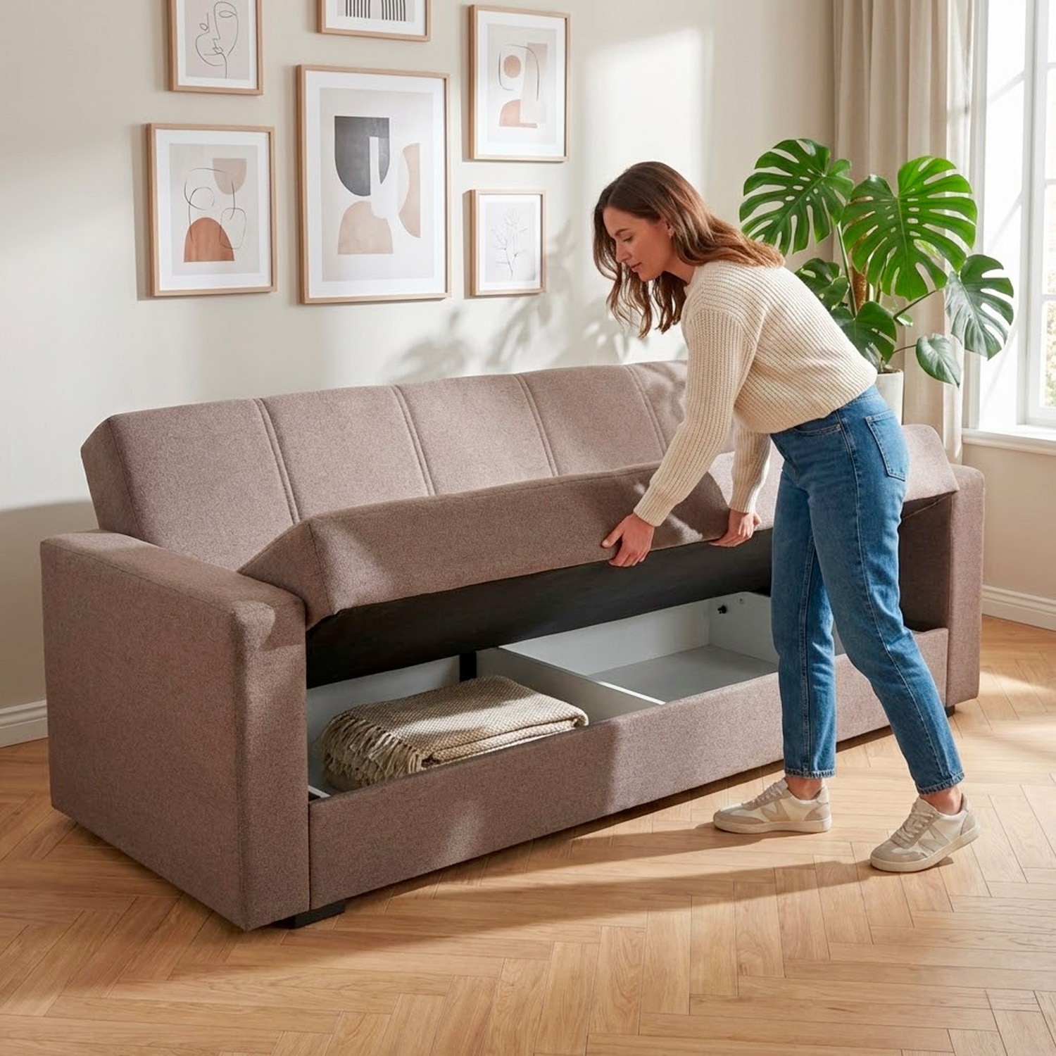 Divano letto 3 posti con contenitore soggiorno ufficio salotto 2 cuscini grigio foto 2
