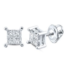 14kt White Gold Womens Princess Diamond Square Cluster Stud Earrings 1/4 Ct