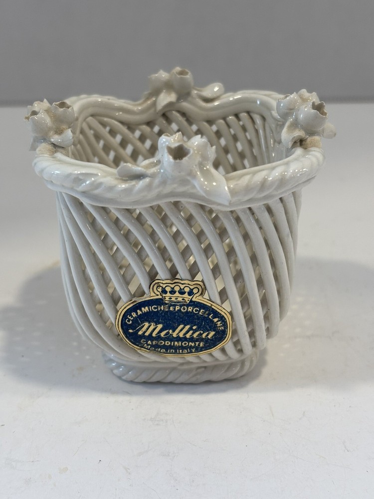 Vintage Mollica Capodimonte White Openwork Basket Figurine Made in Italy