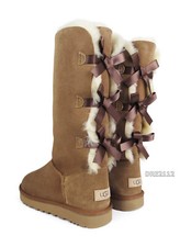 UGG Bailey Bow Tall II Triple Chestnut Suede Fur Boots Womens Size 10 NIB 
