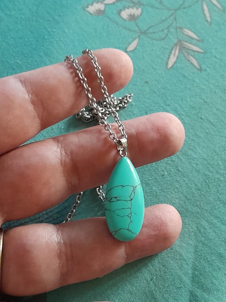 COLLANA DONNA UOMO CON PENDENTE CIONDOLO GOCCIA DI TURCHESE NATURALE E ARGENTO - Immagine 4 di 4