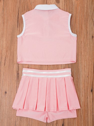 Kids Girls Sportswear Suit Lapel Collar Buttons Sport Vest Skirt Set with Shorts - Picture 11 of 73