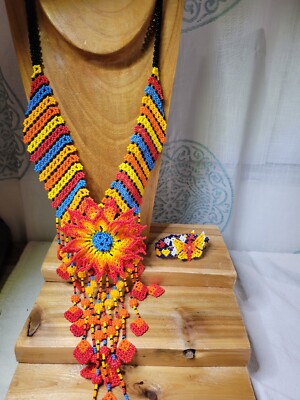 Huichol Beaded Flower Necklace & Butterfly Bracelet Set Handmade in Mexico