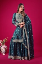 Readymade Chinnon Silk Teal Blue Top Palazzo With Dupatta For Traditional Wear