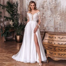 Elegant A-Line Wedding Dresses Backless V-Neck Lace Long Sleeve Tulle BridalGown