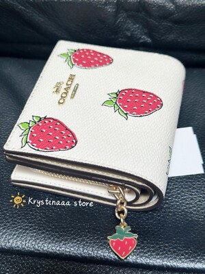 NWT Coach CAP18 Snap Wallet With Strawberry Print In Gold/Chalk