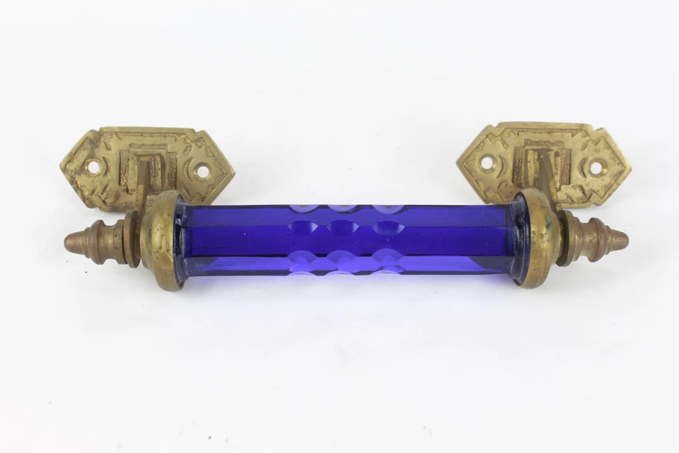 Antique Cobalt Blue Glass Door Handle Brass Fittings Victorian Era Decorative - Image 3 of 4