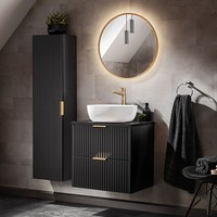 Badezimmer Set Waschtisch Keramik Aufsatzbecken Matt Schwarz Spiegel Hochschrank