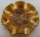 BEAUTIFUL VINTAGE CARNIVAL IMPERIAL BRIGHT AMBER OPEN ROSE RUFFLED 8 1/2” BOWL