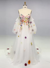 Vintage Off Shoulder 3D Appliques Wedding Dress Puffy Sleeves A-line Bridal Gown