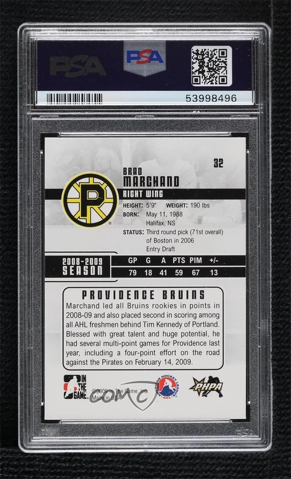 2009-10 ITG Heroes and Prospects Brad Marchand #32 PSA 10 GEM MT Rookie RC - Image 2 of 2