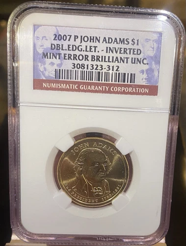 John Adams 2007-P $1 Dollar Coin DBL.EDG.LET Inverted Mint Error, Brilliant NGC