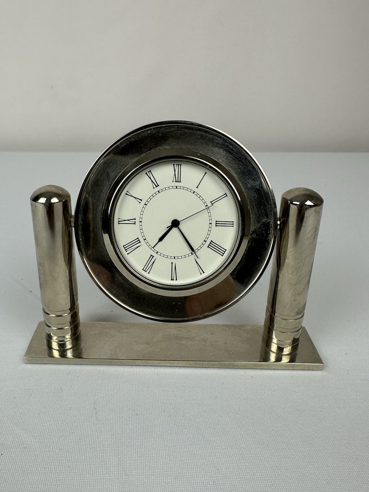 Art Deco Desk Clock Chrome Modernist Roman Numeral Table Clo