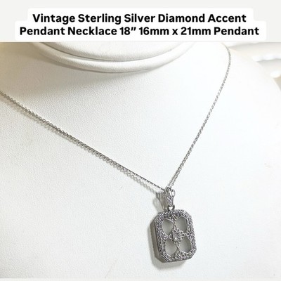Vintage Sterlingsilber Diamant Akzent Anhänger Halskette 18'' 16mm x 21mm Anhänger 