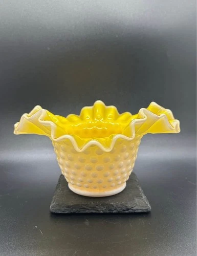 Vintage 50s Fenton Yellow Cased Milk Art Glass Ruffled Hobnail Vase UV Glow HTF