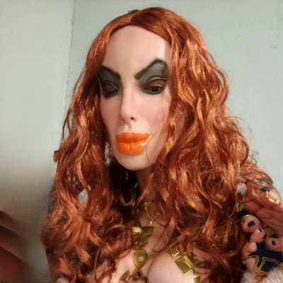 Latex Full Face Mask with Red-Brown Curly Hair & Big Mouth Trendy Party Accessor