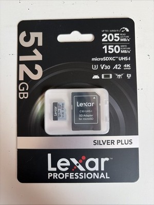 Lexar 512GB Professional Silver Plus Micro SD Card, UHS-I, C10, U3, V30, Full HD