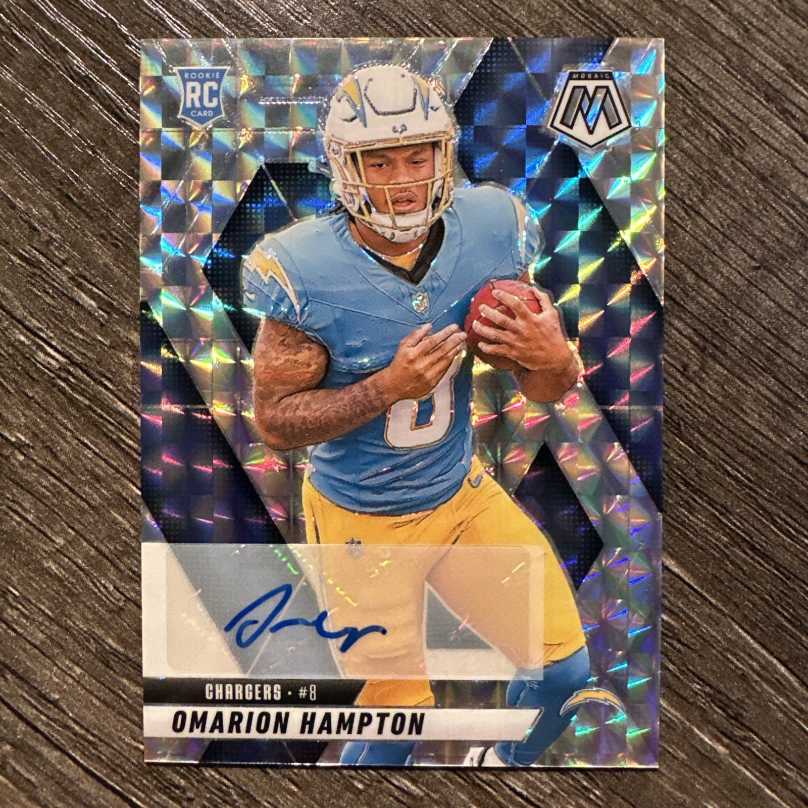 Omarion Hampton 2025 Panini Mosaic #335 Silver Prizm Rookie Auto RC Chargers