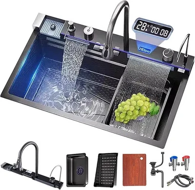 Küchenspüle Spülbecken Wasserfallspüle Küchenarmatur Edelstahl Einbauspüle Set. - Bild 1 von 4