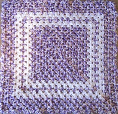 TOYS-DOLL-CROCHET BLANKET 46cm Sq Hand Made Doll Rug-Purple Multi Shades & White