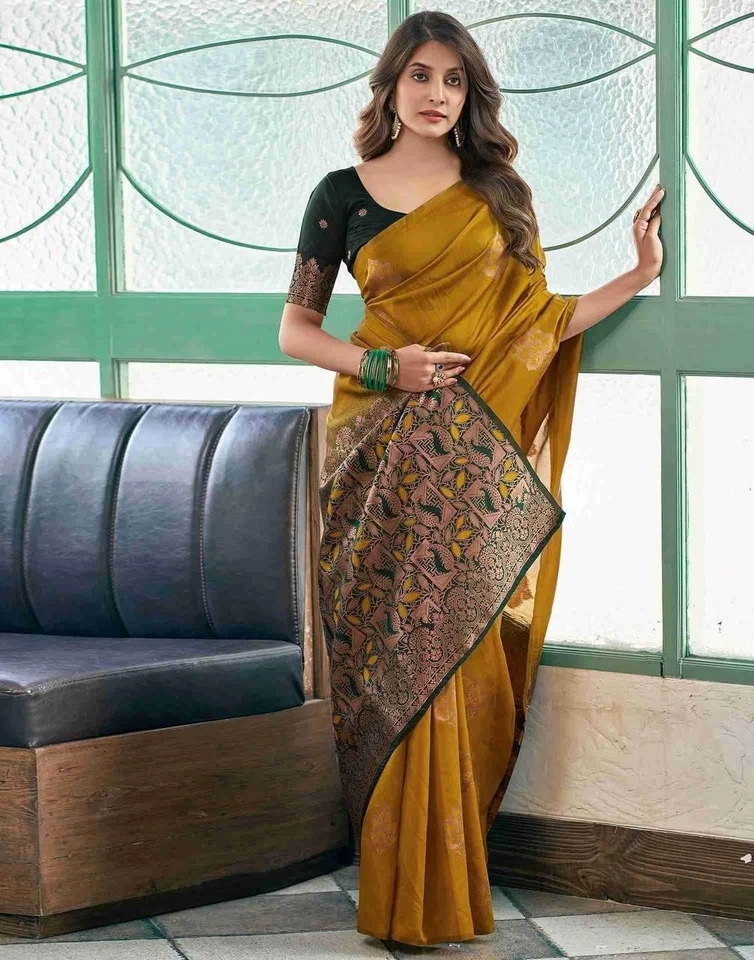Yellow Saree Bollywood Wedding New Design, Customized Blouse Design Party Saree - Image 3 of 4