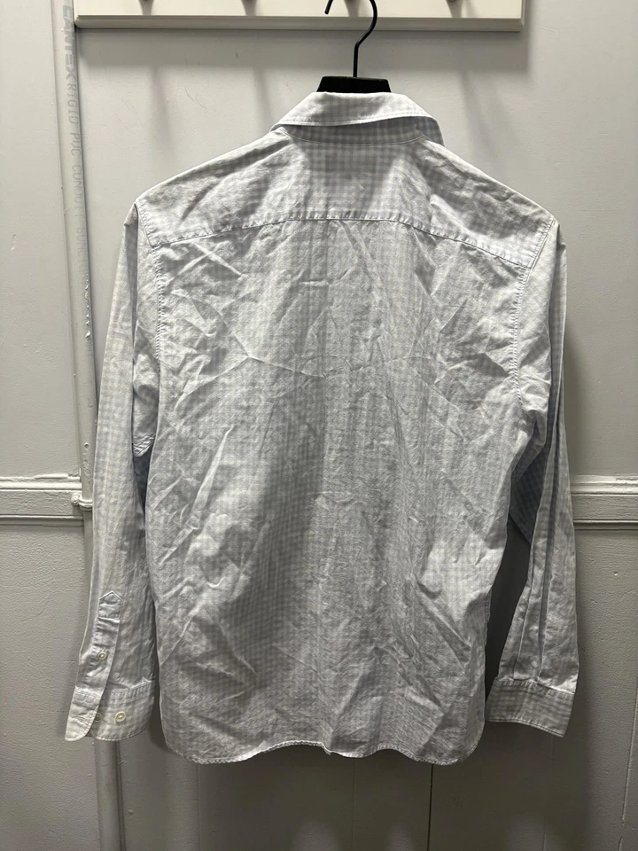 Camisa Faconnable Para Hombre Pequeña Azul Claro Blanco Cuadros Guinga Botón Delantero Algodón Foto 2 de 4