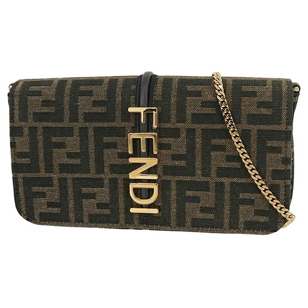 Portafoglio Fendi su catena Zucca nylon jacquard tela logo FF marrone tracolla